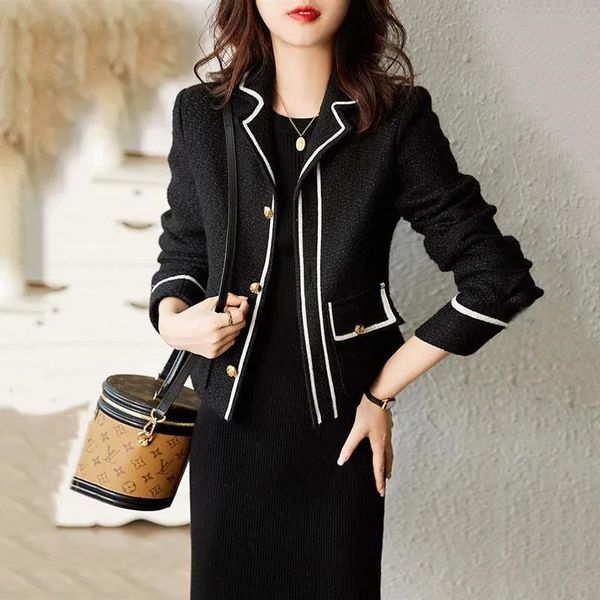 women's wool & blends 2021 autumn and winter woolen jacket fashionable loose thin foreign style twill contrast lapel tweed short, Black
women's wool & blends 2021 autumn and winter woolen jacket fashionable loose thin foreign style twill contrast lapel tweed short, Black
