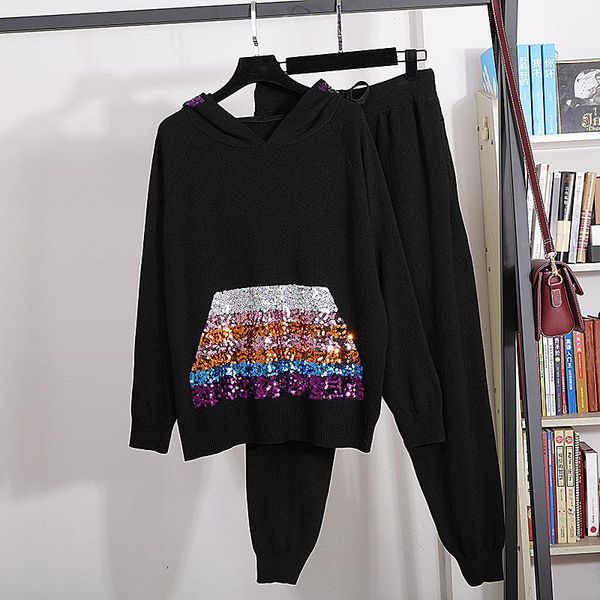 women's two piece pants autumn women manual sequin hooded black knitted set long sleeve pullover sweater pencil outfits female casual k, White
women's two piece pants autumn women manual sequin hooded black knitted set long sleeve pullover sweater pencil outfits female casual k, White
