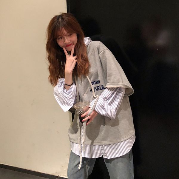 2021 new women's imitation two-piece pullover, long sleeves, academic style, loose sewing, easy to match, embroidered hoodie student c, Black
2021 new women's imitation two-piece pullover, long sleeves, academic style, loose sewing, easy to match, embroidered hoodie student c, Black