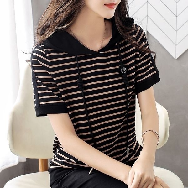 women's short sleeve new large size loose striped hooded t shirts summer t-shirt tee fashion clothes for ladies ae0008 210315, White
women's short sleeve new large size loose striped hooded t shirts summer t-shirt tee fashion clothes for ladies ae0008 210315, White