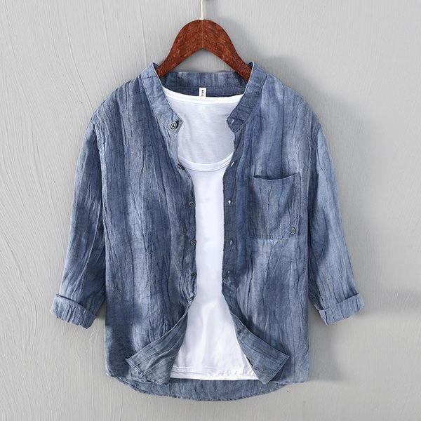 men's casual shirts distressed white shirt for men three quarter sleeve vintage autumn male fashion pure linen stand collar clothes, White;black
men's casual shirts distressed white shirt for men three quarter sleeve vintage autumn male fashion pure linen stand collar clothes, White;black