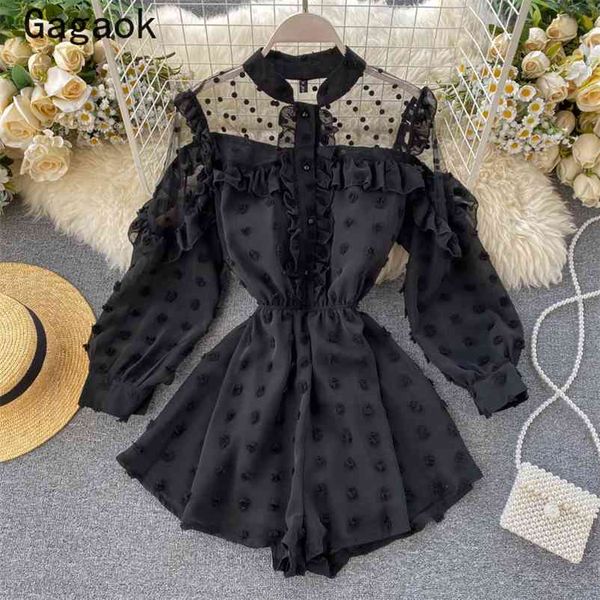 women office lady playsuits summer stand dot ruffles mesh slim chic sweet wild retro fashion korean jumpsuits 210531, Black;white
women office lady playsuits summer stand dot ruffles mesh slim chic sweet wild retro fashion korean jumpsuits 210531, Black;white