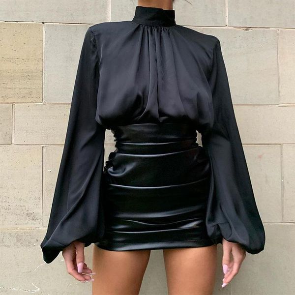 women's blouses & shirts autumn black lantern sleeve blouse hight neck satin women slim solid ruched cropped fashion spring elegant lad, White
women's blouses & shirts autumn black lantern sleeve blouse hight neck satin women slim solid ruched cropped fashion spring elegant lad, White
