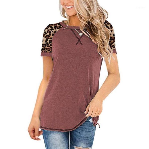 women's t-shirt fashion casual leopard print stitching round neck short sleeve, White
women's t-shirt fashion casual leopard print stitching round neck short sleeve, White