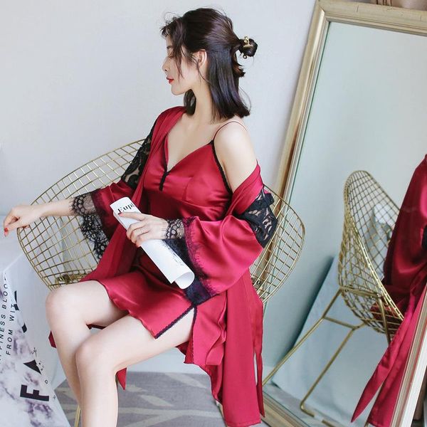women's sleepwear spring suspender pajamas nightgown with chest pad ice silk long sleeve two-piece suit home service, Black;red
women's sleepwear spring suspender pajamas nightgown with chest pad ice silk long sleeve two-piece suit home service, Black;red