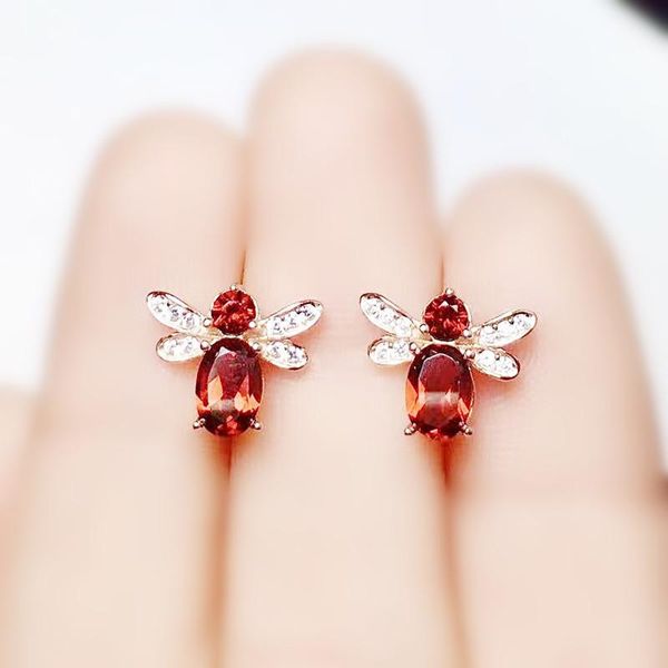 stud natural real red garnet or peridot bee style earring 0.6ct*2pc per jewelry gemstone 925 sterling silver fine x21678, Golden;silver