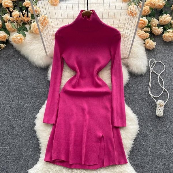 casual dresses yuoomuoo long sleeve knitted dress women 2021 autumn winter turtleneck a-line split sweater solid female clothing, Black;gray