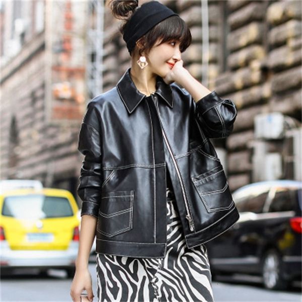 2021 genuine leather jacket real sheep female spring w12 a08d, Black;brown 
2021 genuine leather jacket real sheep female spring w12 a08d, Black;brown
