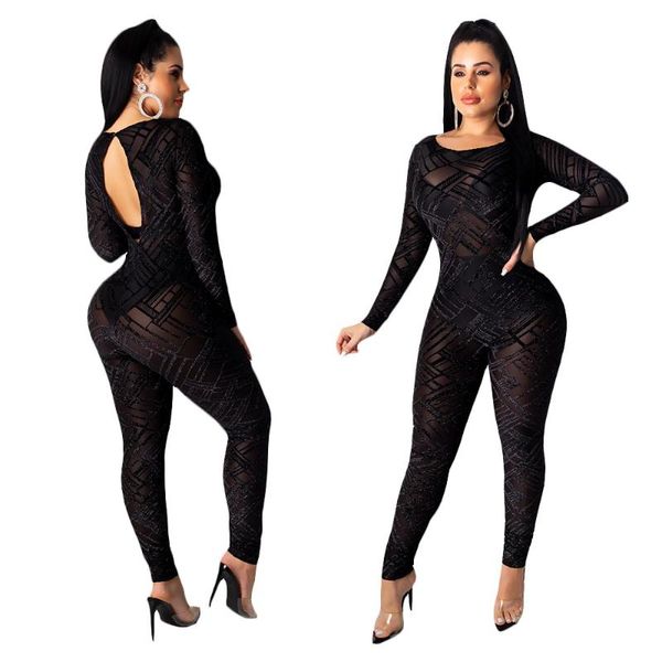 women's jumpsuits & rompers bodysuit tracksuit womens jumpsuit long sleeve skinny solid mesh hollow out slim overalls combinaison femme, Black;white