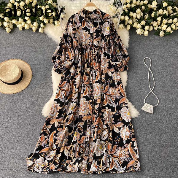 women design print dress retro turndown-collar puff sleeve single breasted dresses spring casual streetwear long dress 210715, Black;gray
women design print dress retro turndown-collar puff sleeve single breasted dresses spring casual streetwear long dress 210715, Black;gray