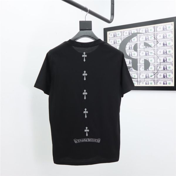 ins summer new fashion brand kroga sanskrit embroidery leather cross round neck half sleeve men's and women's, White;black