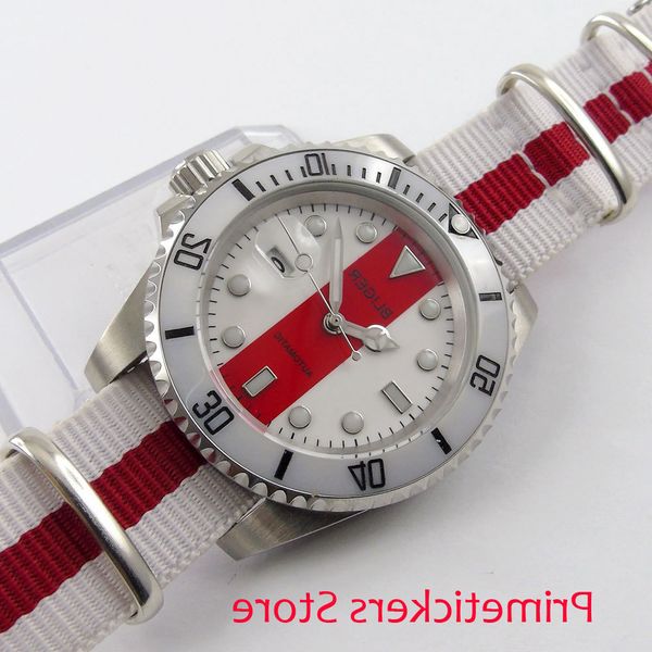 40mm white red dial ceramic bezel date automatic movement men's watch nylon strap, Slivery;brown
40mm white red dial ceramic bezel date automatic movement men's watch nylon strap, Slivery;brown