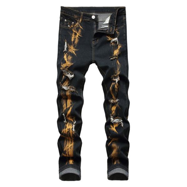men's jeans ripped stretch denim streetwear contrast color holes distressed pants slim straight trousers, Blue
men's jeans ripped stretch denim streetwear contrast color holes distressed pants slim straight trousers, Blue