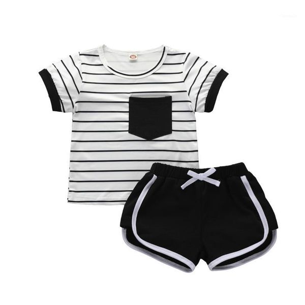 kids baby 2pcs outfit set short sleeve striped t-shirt + shorts clothes suit for children boys girls, White