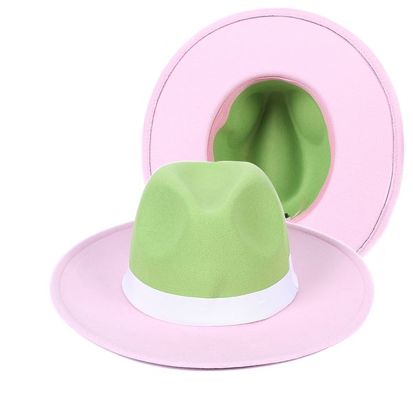green pink two tone fedoras with ribbon belt panama felt jazz hats male cowboy hat women and men winter wide brim caps, Blue;gray
green pink two tone fedoras with ribbon belt panama felt jazz hats male cowboy hat women and men winter wide brim caps, Blue;gray