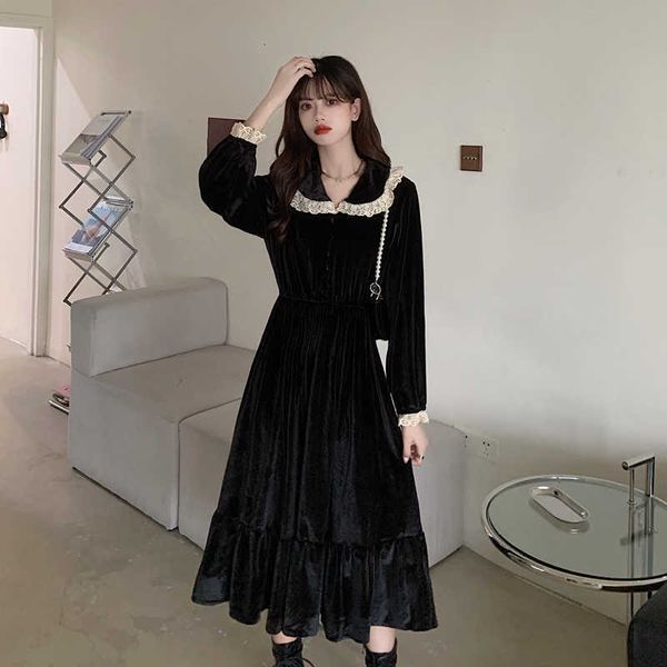 casual dresses sweet vintage long sleeve dress women peter pan collar korean fashion black velvet lace gothic kawaii elegant midi, Black;gray
casual dresses sweet vintage long sleeve dress women peter pan collar korean fashion black velvet lace gothic kawaii elegant midi, Black;gray