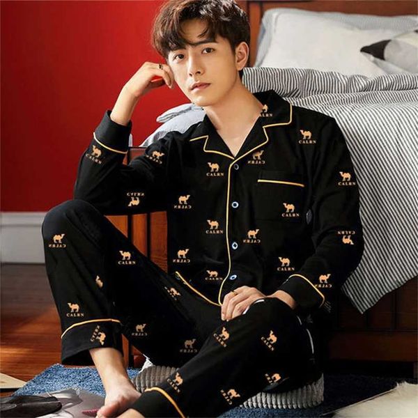 men's pajama sets spring summer man pajamas set simple sleepwear long sleeve cotton pajamas for men pant leisure outwear 211110, Black;brown
men's pajama sets spring summer man pajamas set simple sleepwear long sleeve cotton pajamas for men pant leisure outwear 211110, Black;brown