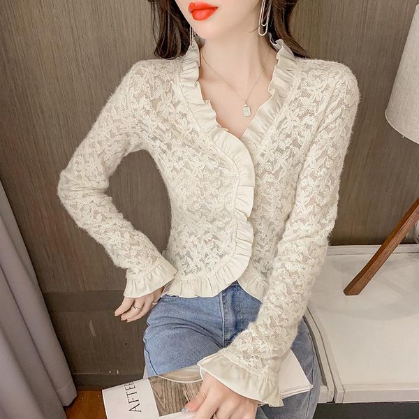 women's blouses & shirts slim lace v-neck black fashion women 2021 autumn elegant ladies female clothing korean style, White
women's blouses & shirts slim lace v-neck black fashion women 2021 autumn elegant ladies female clothing korean style, White
