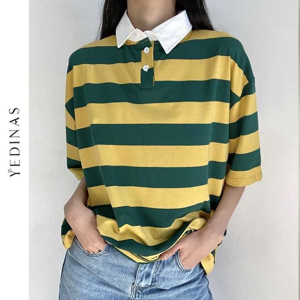 yedinas contrast color striped patchwork short sleeve t shirt women turn down collar button tees harajuku korean style tee 210527, White
yedinas contrast color striped patchwork short sleeve t shirt women turn down collar button tees harajuku korean style tee 210527, White