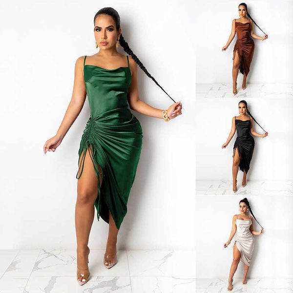 2021 summer new women's fashion open back lace up pleated split pleated suspender dress, White
2021 summer new women's fashion open back lace up pleated split pleated suspender dress, White