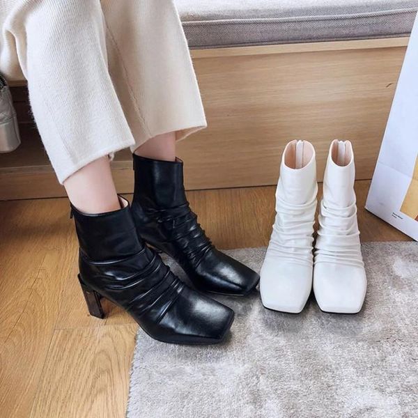 boots strange style heel leather women ankle luxury design pleated zip female shoes spring fall runway square toe, Black
boots strange style heel leather women ankle luxury design pleated zip female shoes spring fall runway square toe, Black