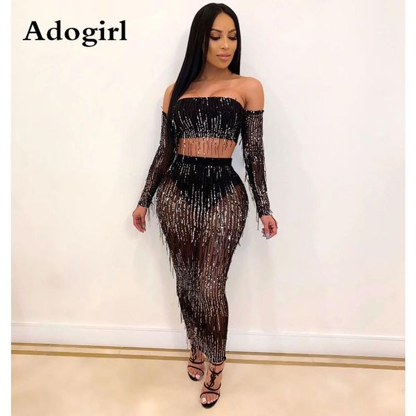 two piece dress long tassel sequined pieces suit skirt strapless off shoulder sleeve crop +sheer mesh bodycon club wear, White
two piece dress long tassel sequined pieces suit skirt strapless off shoulder sleeve crop +sheer mesh bodycon club wear, White