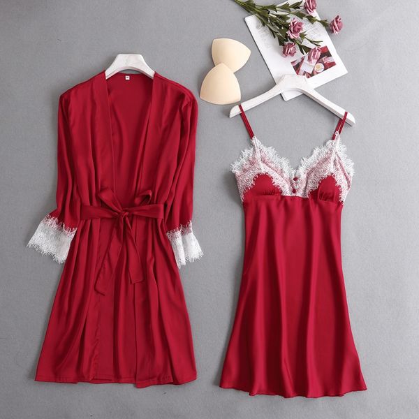 autumn women nightgown sets 2 pieces nightdress bathrobe with chest pad female satin kimono bath gown sleepwear pink robes suit, Black;red
autumn women nightgown sets 2 pieces nightdress bathrobe with chest pad female satin kimono bath gown sleepwear pink robes suit, Black;red
