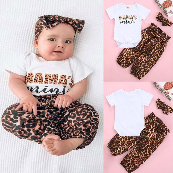 baby romper outfits toddler baby girls short sleeve letter t shirt +leopard pants+headband set ropa de niña, White 
baby romper outfits toddler baby girls short sleeve letter t shirt +leopard pants+headband set ropa de niña, White