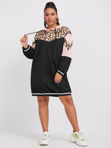 plus contrast leopard print drawstring hoodie dress v6p9#, Black
plus contrast leopard print drawstring hoodie dress v6p9#, Black