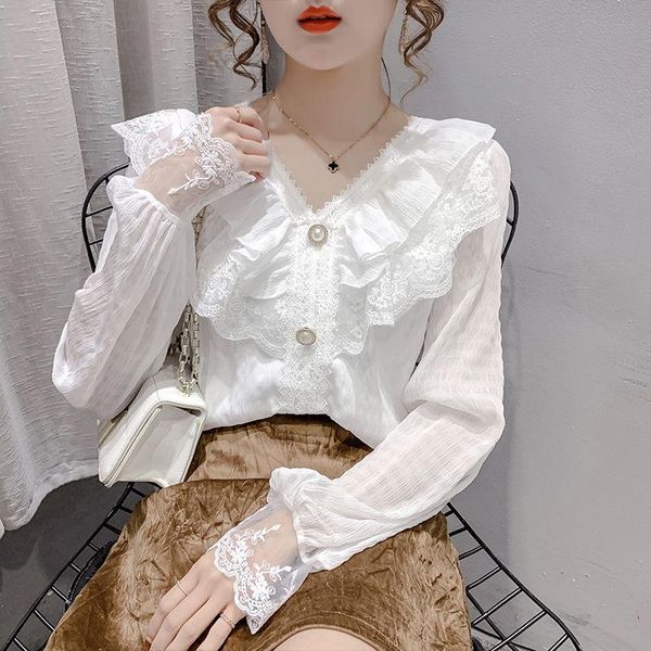 women's blouses & shirts blouse women shirt ruffled chiffon spring v collar lace stitching long-sleeved blusas mujer de moda, White
women's blouses & shirts blouse women shirt ruffled chiffon spring v collar lace stitching long-sleeved blusas mujer de moda, White