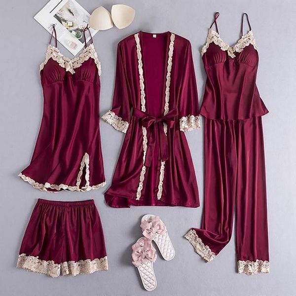 women's sleepwear 5pcs set pajamas casual for women satin robe kimono gown lace patchwork nightwear spring autumn home pyjamas suit, Black;red
women's sleepwear 5pcs set pajamas casual for women satin robe kimono gown lace patchwork nightwear spring autumn home pyjamas suit, Black;red