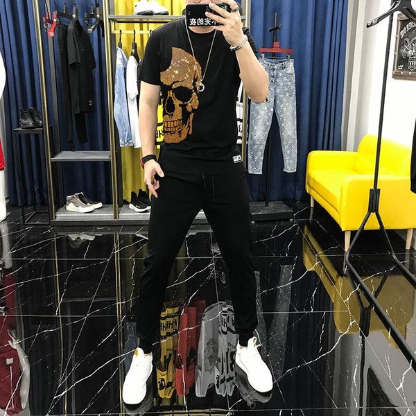 men's tracksuits trendy sets summer breathable t-shirt diamond shiny skull jogging track suit couple streetwear/sweatshirt + pants, Gray 
men's tracksuits trendy sets summer breathable t-shirt diamond shiny skull jogging track suit couple streetwear/sweatshirt + pants, Gray