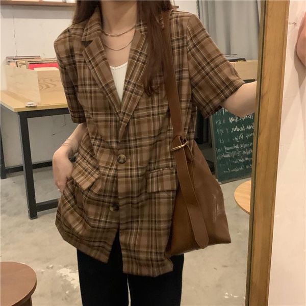 women's suits & blazers 2021 summer fashion women short sleeve blazer casual female retro green plaid m317, White;black
women's suits & blazers 2021 summer fashion women short sleeve blazer casual female retro green plaid m317, White;black