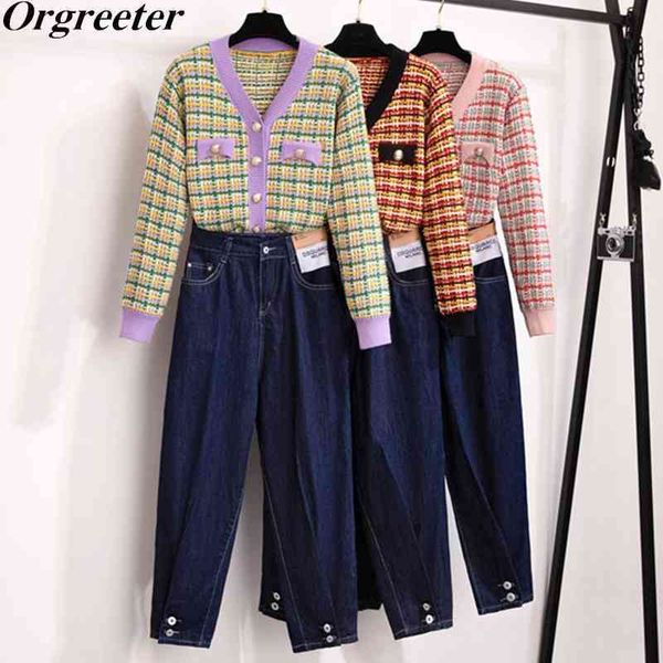 korean chic plaid cardigan women autumn winter button loose sweater and denim pants two piece set female jeans trousers suits 210525, White
korean chic plaid cardigan women autumn winter button loose sweater and denim pants two piece set female jeans trousers suits 210525, White