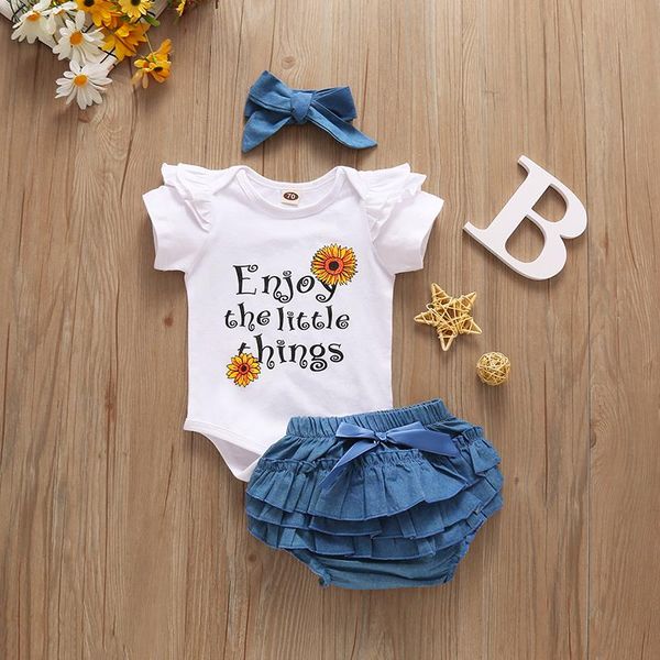 clothing sets born baby girls summer clothes set short sleeve letter print ruffle pants+hairband 3pcs princess suits, White