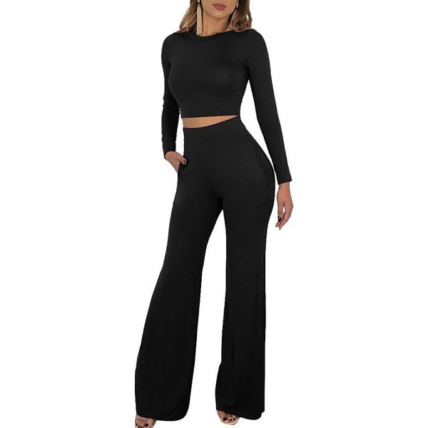 women's two piece pants summer simple trendy women's round neck long sleeve short slim high waist pocket wide leg temperament show, White 
women's two piece pants summer simple trendy women's round neck long sleeve short slim high waist pocket wide leg temperament show, White