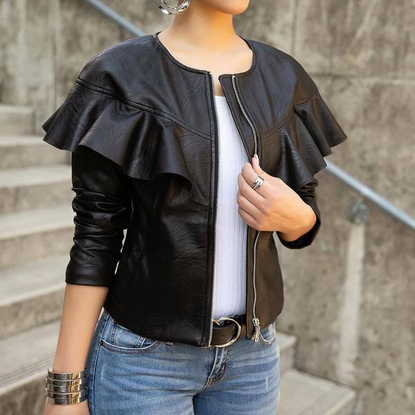 women's jackets autumn black faux ruffles short for women fashion pu leather lady coat jacket long sleeve outerwear ph6y, Black;brown
women's jackets autumn black faux ruffles short for women fashion pu leather lady coat jacket long sleeve outerwear ph6y, Black;brown