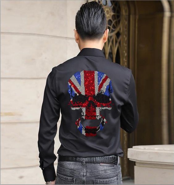 men's casual shirts autumn fashion long sleeve rhinestone shirt summer mens blouse, White;black 
men's casual shirts autumn fashion long sleeve rhinestone shirt summer mens blouse, White;black