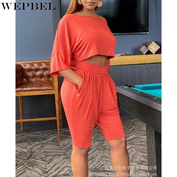 women's tracksuits wepbel solid color loose suit summer high waist pocket shorts + o-neck off shoulder three quarter sleeve t-shirt, Gray
women's tracksuits wepbel solid color loose suit summer high waist pocket shorts + o-neck off shoulder three quarter sleeve t-shirt, Gray