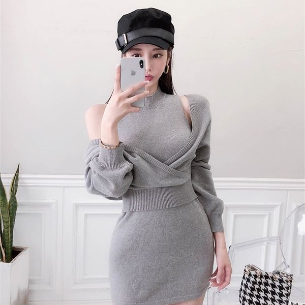 early spring french retro playful suit small fragrant knitted off-shoulder sweater dress two-piece package hip 210226, Black;gray
early spring french retro playful suit small fragrant knitted off-shoulder sweater dress two-piece package hip 210226, Black;gray