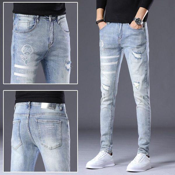 Spring and Autumn New Distressed Jeans Men's Hair Stylist Korean Style Fashionable Stretch All-Match Beggar Long Pants, Blue
Spring and Autumn New Distressed Jeans Men's Hair Stylist Korean Style Fashionable Stretch All-Match Beggar Long Pants, Blue