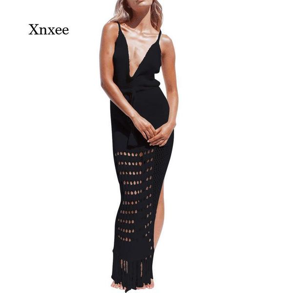 women's swimwear 2021 summer knitted beach dress long fringed bikini blouse crochet deep v neck halter high slit beachwear, White;black