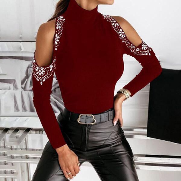 women's t-shirt 2021 fashion slim rhinestone cold sleeve turtleneck pullover shirt tees tunic for women, White
women's t-shirt 2021 fashion slim rhinestone cold sleeve turtleneck pullover shirt tees tunic for women, White
