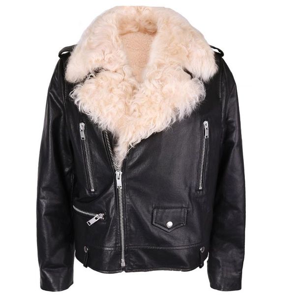 women's leather & faux yoloagain genuine jacket winter warm lamb fur shearling coat for ladies, Black
women's leather & faux yoloagain genuine jacket winter warm lamb fur shearling coat for ladies, Black