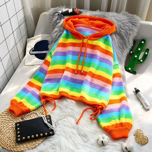 rainbow striped sweater women's autumn and winter wear loose hooded short new hooded korean knitted jacket trend, White;black
rainbow striped sweater women's autumn and winter wear loose hooded short new hooded korean knitted jacket trend, White;black
