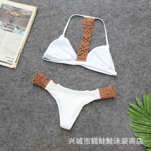 hand crocheted rope bikini women's new split swimsuit, White;black