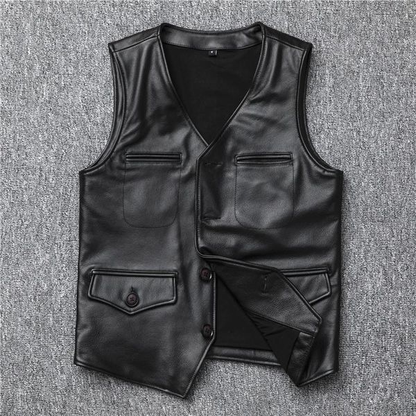 men's leather & faux spring head layer cow hide brief paragraph japanese men vest waistcoat, Black 
men's leather & faux spring head layer cow hide brief paragraph japanese men vest waistcoat, Black