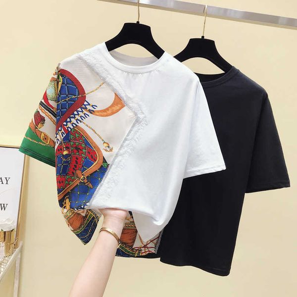 summer vintage print patchwork loose t shirt women short sleeve drilling tee shirt femme fashion white black tshirt 210621
summer vintage print patchwork loose t shirt women short sleeve drilling tee shirt femme fashion white black tshirt 210621
