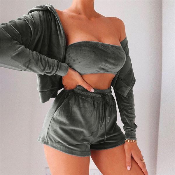 women's tracksuits cutubly womens tracksuit velvet jogger short pants 3 piece set hooded jacket+strapless + drawstring shorts fashion o, Gray 
women's tracksuits cutubly womens tracksuit velvet jogger short pants 3 piece set hooded jacket+strapless + drawstring shorts fashion o, Gray