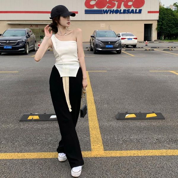 women's pants & capris drawstring straight leg casual autumn black trousers high waist loose draped wide, Black;white
women's pants & capris drawstring straight leg casual autumn black trousers high waist loose draped wide, Black;white